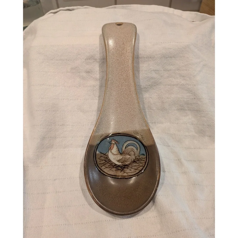 Vintage Otagiri Rooster Spoon Rest Country Chickens Brown Beige Ceramic Japan